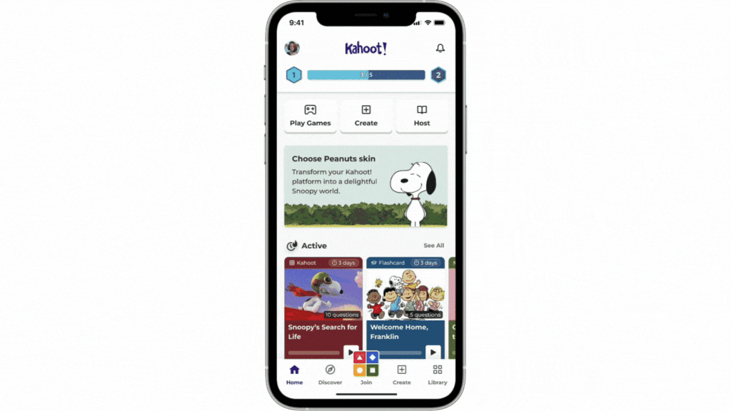 Snoopy study buddy on the Kahoot! app on a smartphone