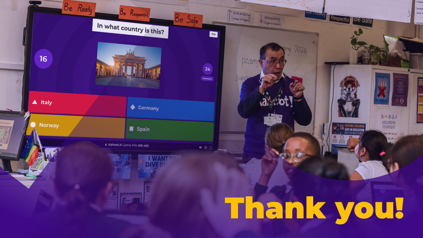 "Thank you" text with purple background