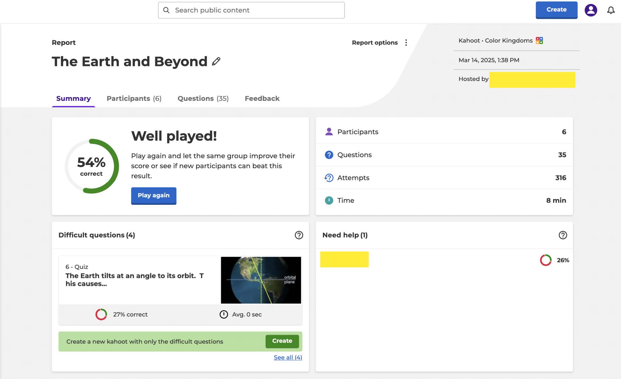 Post game report, "The Earth and Beyond" with 54% score and sample player data