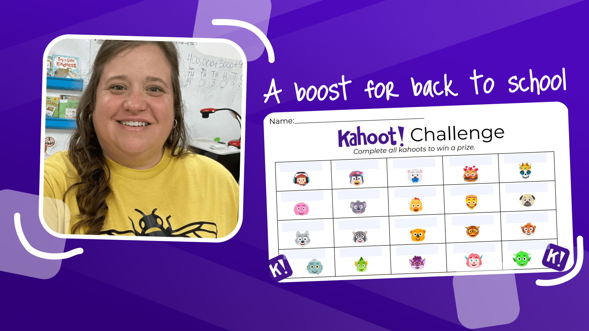 Teacher portrait of Ashley with example of game board including kahoot characters