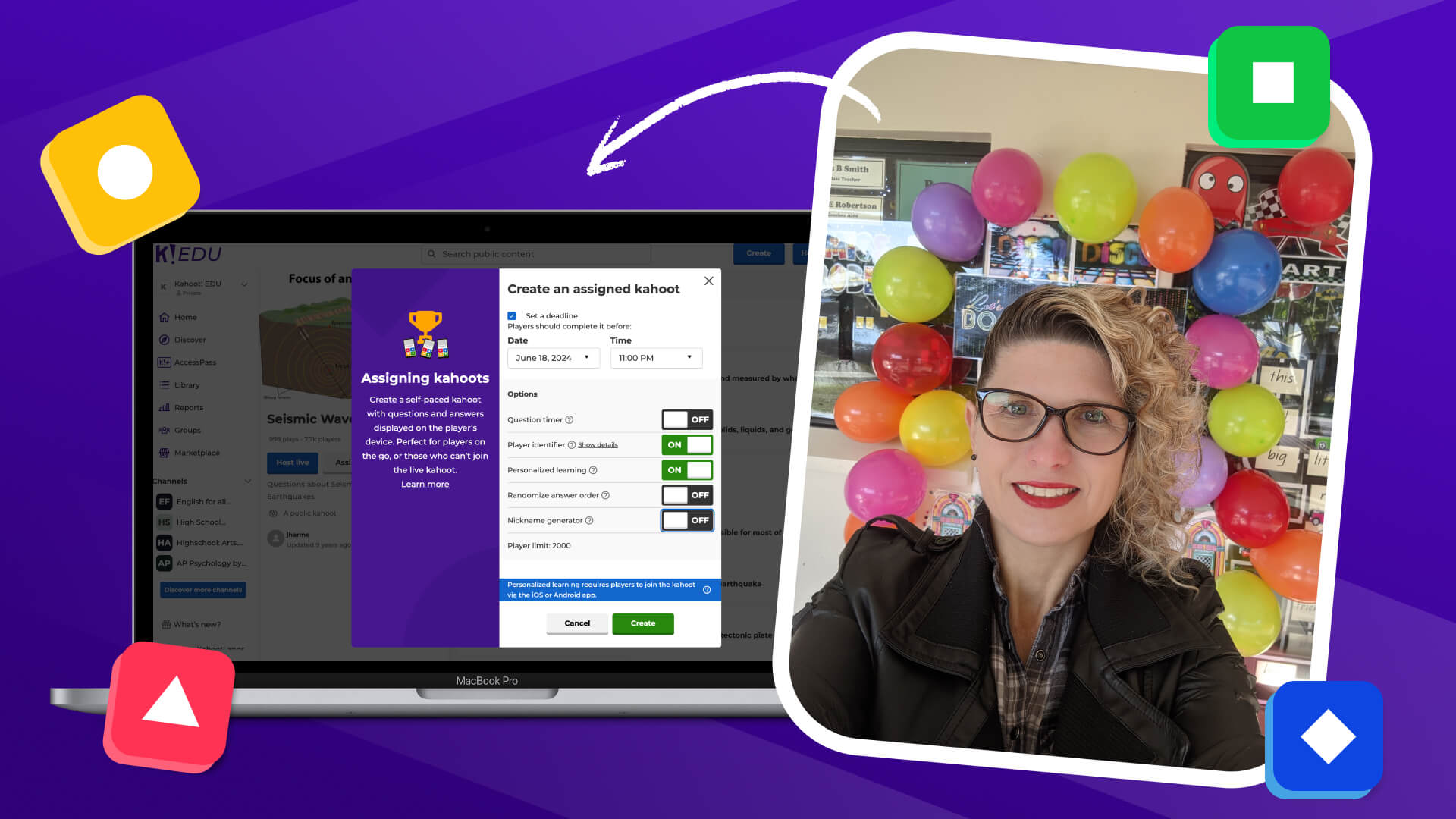 teacher on screen with kahoot assignment customizations