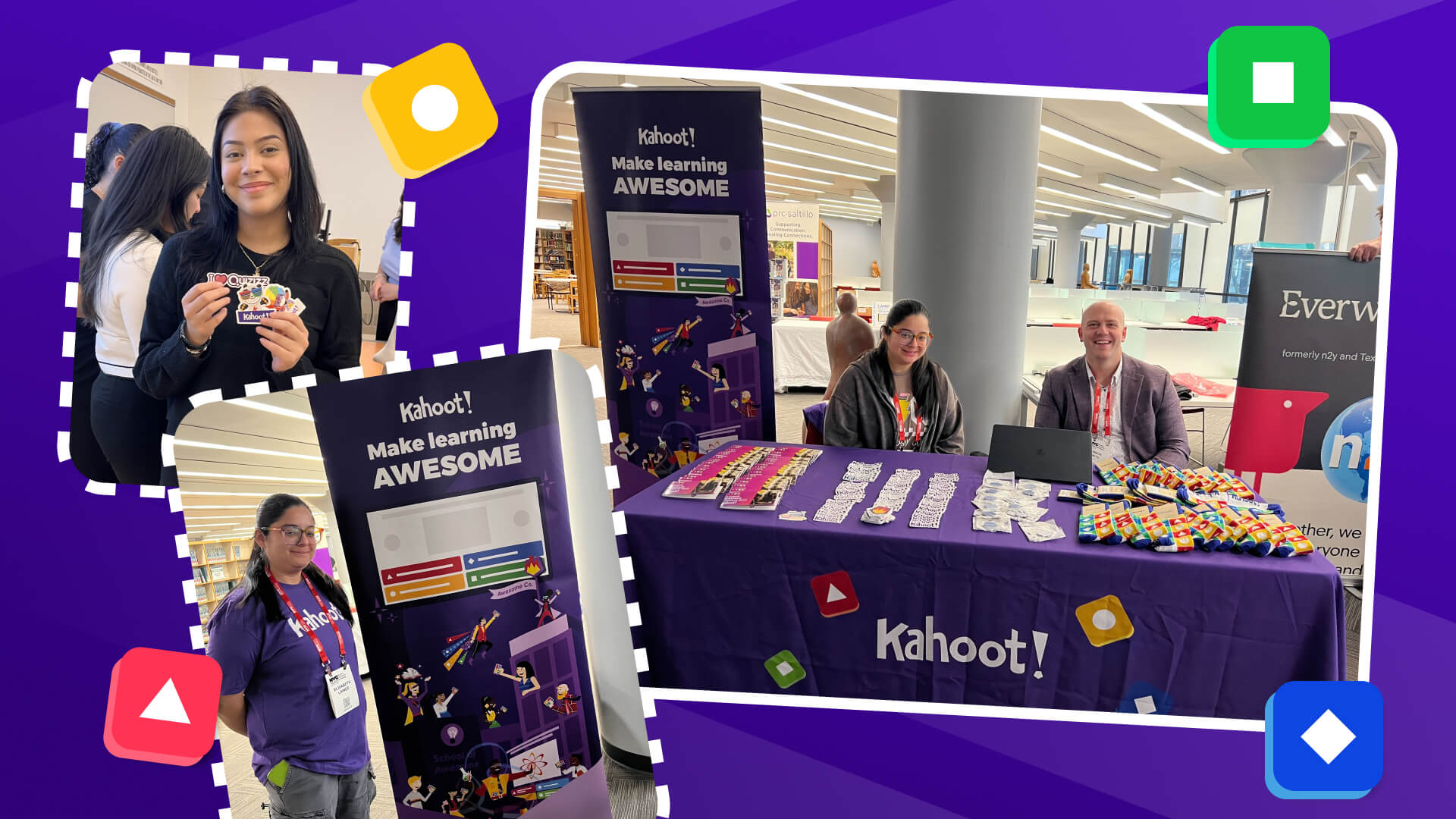 Students and teachers holding kahoot Swag