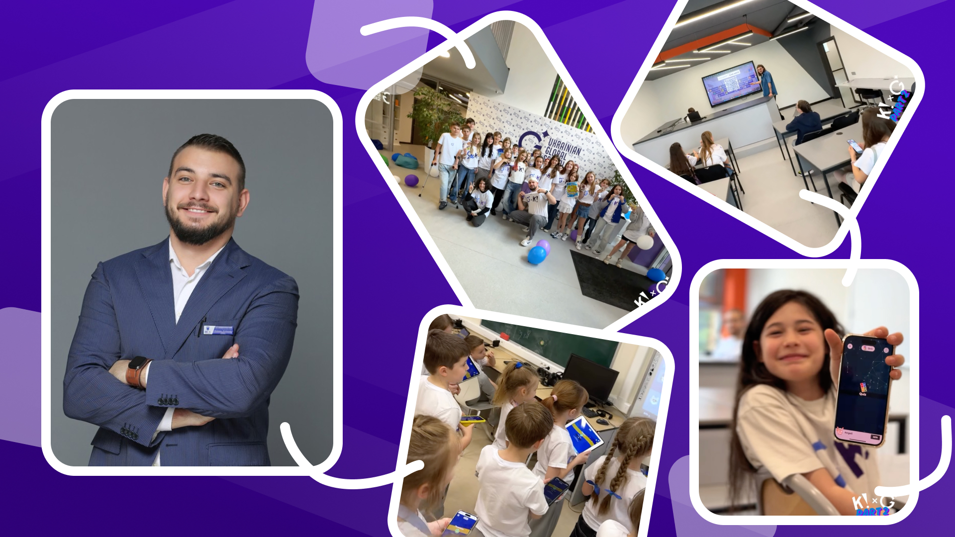 teacher headshot, images of students holding devices and smiling