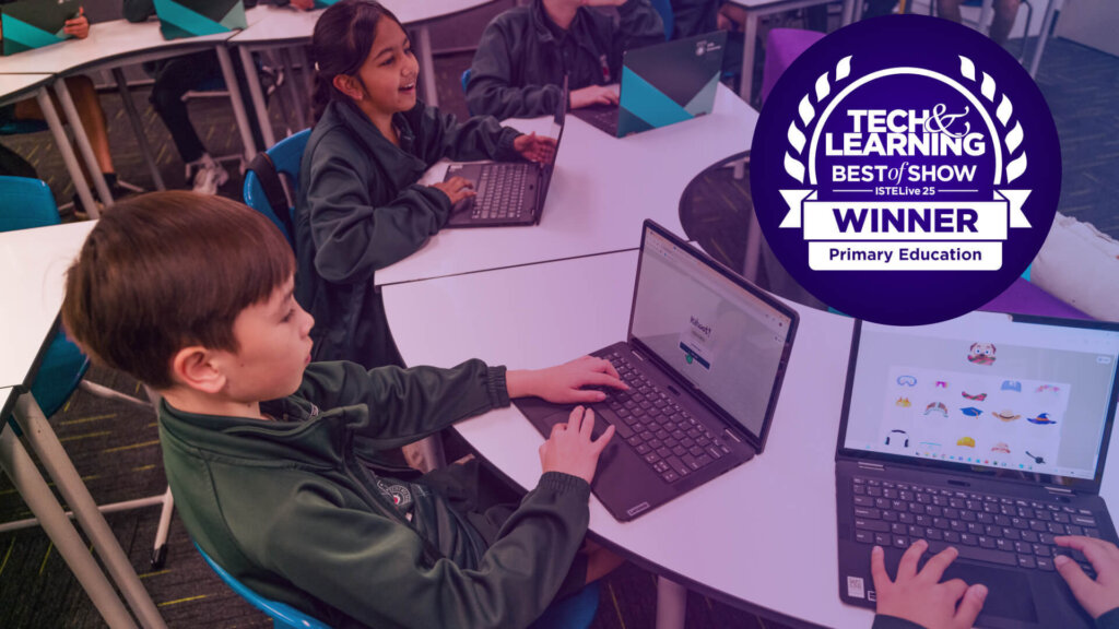 Students on laptops with a badge of Tech & Learning Best of Show winner