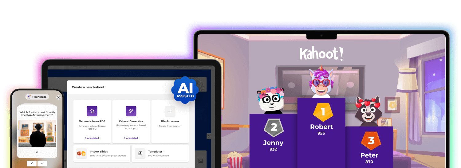 Kahoot creator and podium screenshots on different devices