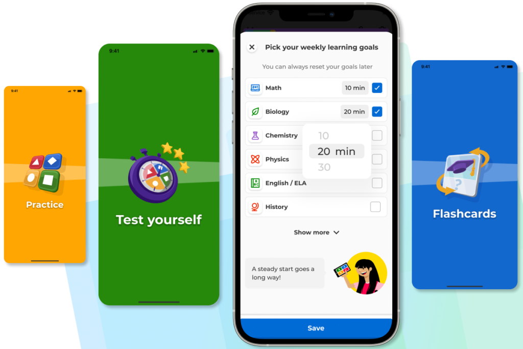 Three study modes displayed, test yourself, practice, flashcards, and weekly learning goals.