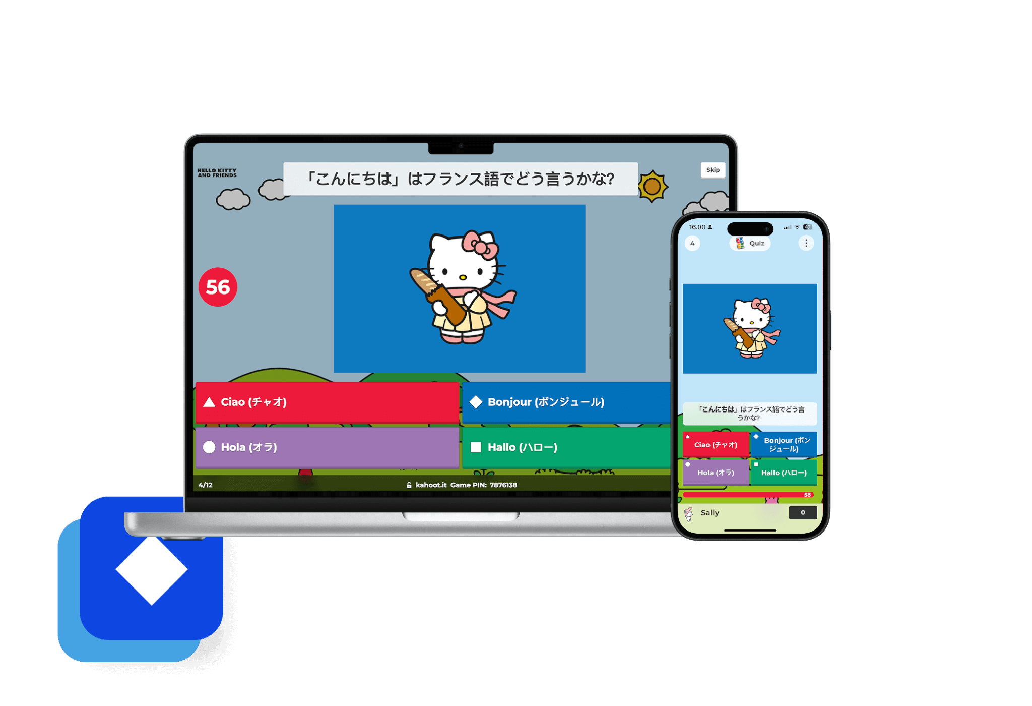 ハローキティに関するクイズ問題形式のkahootが表示されているノートパソコンとスマートフォン
