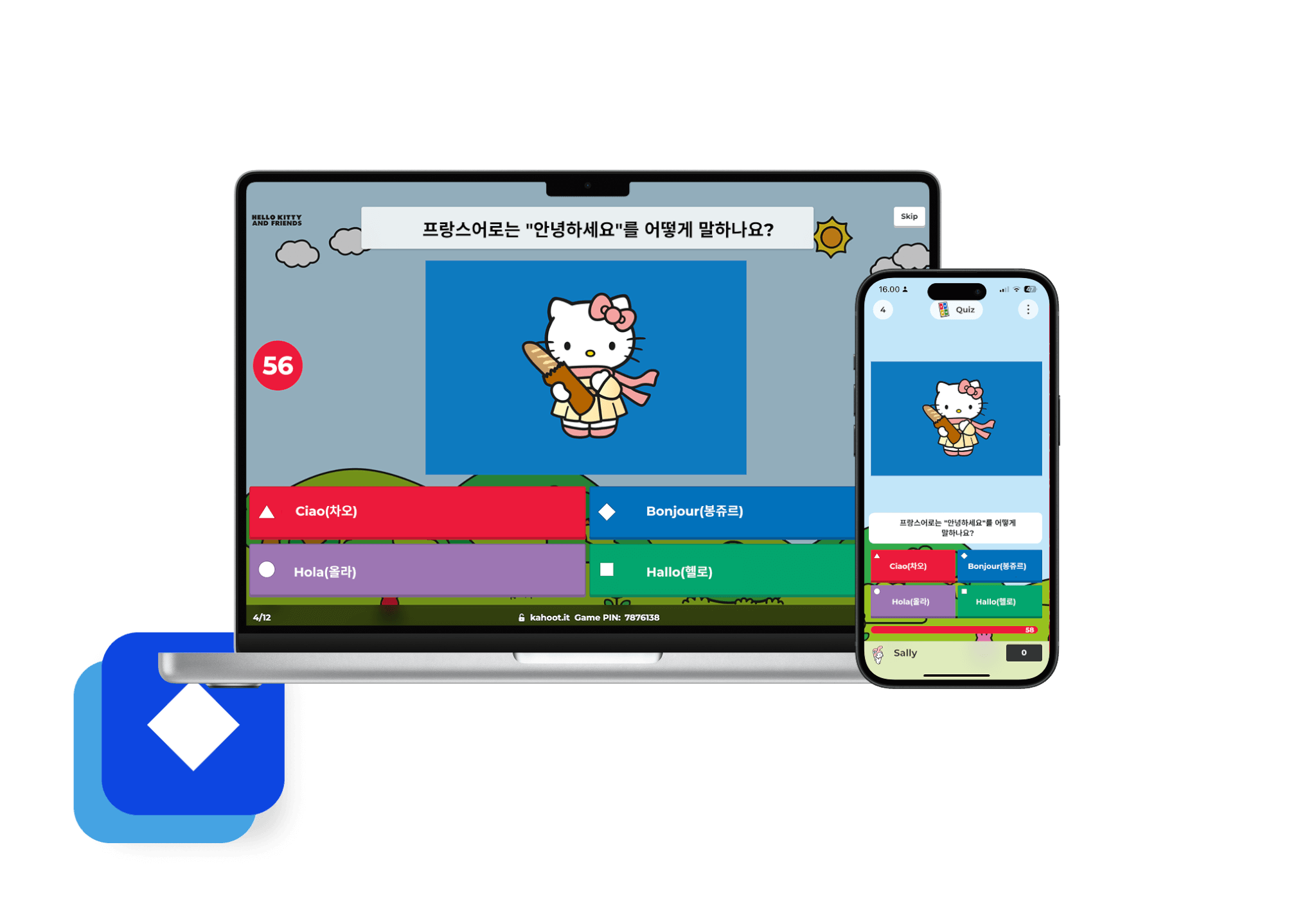 노트북 컴퓨터와 휴대 전화에 보이는 헬로키티 관련 퀴즈 kahoot
