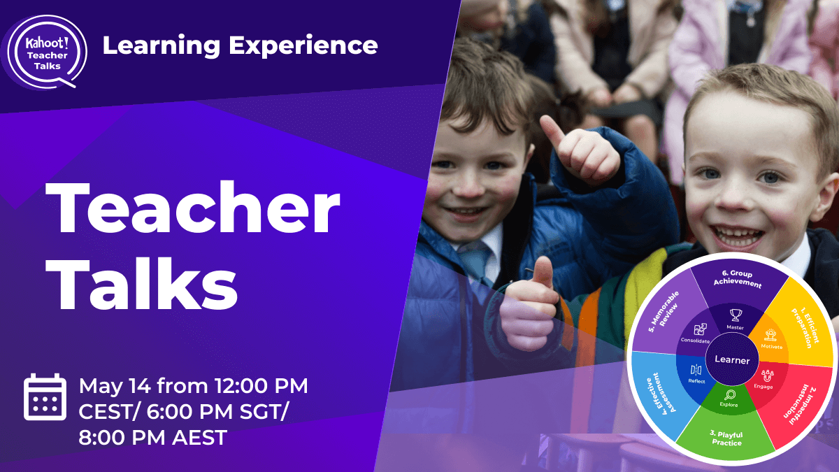 Children making thumbs up sign in playground 'Teacher Talks: May 14 from 12:00 pm CEST/6:00 PM SGT/8:00 PM AEST