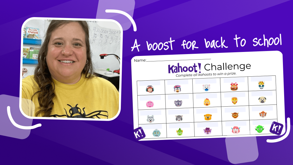 Ambassador Ashley on purple kahoot background with kahoot challenge handout